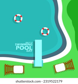 A beautiful swimming pool seen from above and bold text to commemorate National Swimming Pool Day on July 11