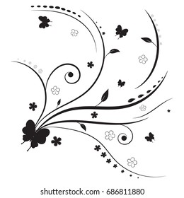 Beautiful swirly decoration. Spring theme with butterflies and flowers. Vector design