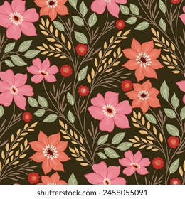 Beautiful swirly vines and florals garden allover seamless vector pattern with dark solid background