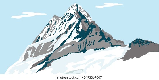Beautiful Swiss mountain range with clear blue skies and high peaks with snow