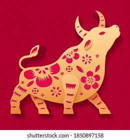 Beautiful symbol of bull with floral patterns, designed in golden paper cut style, isolated on red background, concept of Chinese zodiac ox