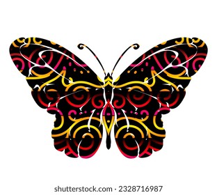 Beautiful symmetrical colourful gradient butterfly design with batik ethnic dayak pattern 