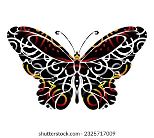 Beautiful symmetrical colourful gradient butterfly design with batik ethnic dayak pattern 
