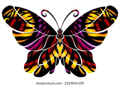 Beautiful symmetrical colourful gradient butterfly design with batik ethnic dayak pattern 