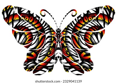 Beautiful symmetrical colourful gradient butterfly design with batik ethnic dayak pattern 