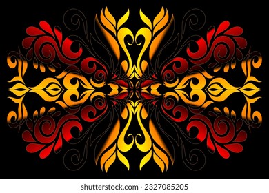 Beautiful symmetrical colourful gradient flowers and leaf line art pattern of traditional batik ethnic dayak 