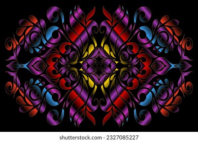 Beautiful symmetrical colourful gradient flowers and leaf line art pattern of traditional batik ethnic dayak 