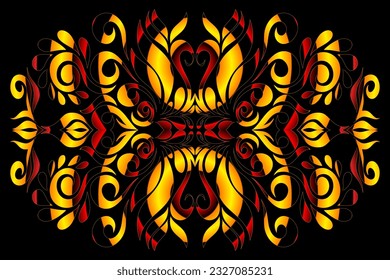 Beautiful symmetrical colourful gradient flowers and leaf line art pattern of traditional batik ethnic dayak 