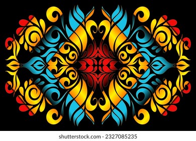 Beautiful symmetrical colourful gradient flowers and leaf line art pattern of traditional batik ethnic dayak 