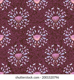 Beautiful symmetrical decorative vector seamless repeat pattern with intricate flowers surrounded by mosaic style design elements on a textured background in pinks, purples, raspberry and  brown