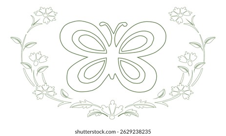 A beautiful, symmetrical design featuring a butterfly at the center, surrounded by a wreath of delicate flowers and leaves.