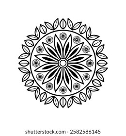 A beautiful, symmetrical mandala design featuring a central flower surrounded by smaller flowers and leaves.