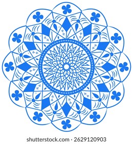 A beautiful, symmetrical mandala design in vibrant blue outlines on a pure white background.