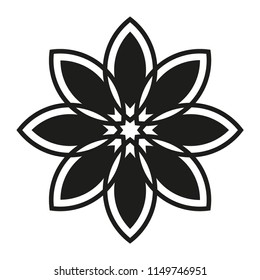 Beautiful symmetrical mandala in the shape of a simple flower. Black colour. Isolated on a white background.  Vector illustration - eps 10
