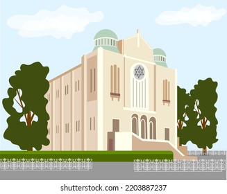 A beautiful synagogue in the city with a star of David on the facade A two-story building made of light stone  Vector