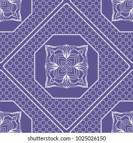 Beautiful tablecloth. Seamless lace pattern with geometric . floral element. Vector illustration. Purple color
