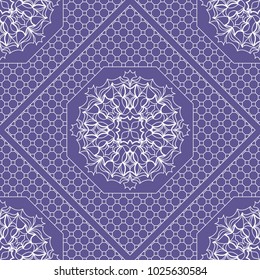 Beautiful tablecloth. Seamless lace pattern with geometric . floral element. Vector illustration. Purple color