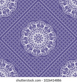 Beautiful tablecloth. Seamless lace pattern with geometric . floral element. Vector illustration. Purple color