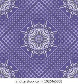 Beautiful tablecloth. Seamless lace pattern with geometric . floral element. Vector illustration. Purple color