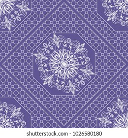 Beautiful tablecloth. Seamless lace pattern with geometric . floral element. Vector illustration. Purple color