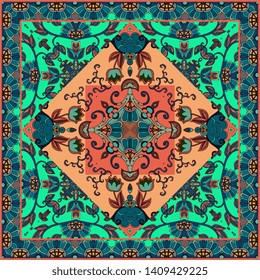 Beautiful tablecloth with tulips, leaves and abstarct ornament in ethnic style.