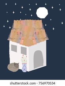 Beautiful tale hause in the night and a sleepy cat, flowers, moo