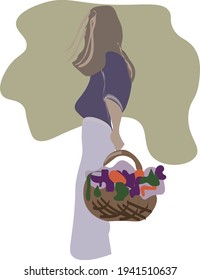 Beautiful tall girl with basket and flowers. Spring art, trendy colors. Vector illustration isolated on white background