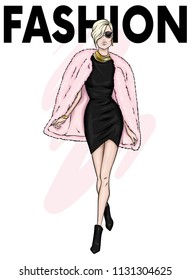 Beautiful tall girl in a fur coat and dress. Stylish clothes and accessories. Fashionable woman. Vector illustration. Fashion & Style. Fashion look.