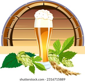 Beautiful tall glass with golden foamy beer on the background of hop cones and a large beer barrel Vector