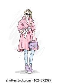 Beautiful, tall and slender girl in a stylish coat, trousers, glasses, with glasses. Stylish woman in high-heeled shoes. Fashion & Style. Vector illustration.