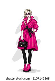 Beautiful, tall and slender girl in a stylish coat, trousers, glasses, with glasses. Stylish woman in high-heeled shoes. Fashion & Style. Vector illustration.
