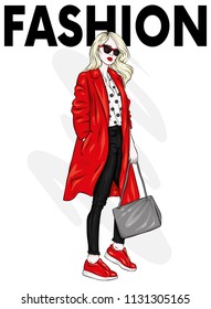 Beautiful, tall and slender girl in a stylish coat, trousers, glasses, with glasses. Stylish woman in high-heeled shoes. Fashion & Style. Vector illustration.
