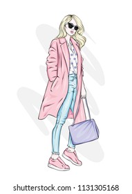 Beautiful, tall and slender girl in a stylish coat, trousers, glasses, with glasses. Stylish woman in high-heeled shoes. Fashion & Style. Vector illustration.
