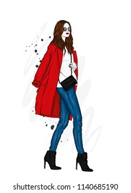 Beautiful, tall and slender girl in a stylish coat, trousers, glasses, with glasses. Stylish woman in high-heeled shoes. Fashion & Style. Vector illustration.
