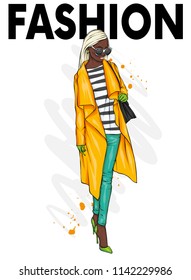 Beautiful, tall and slender girl in a stylish coat, trousers, and glasses. Stylish woman in high-heeled shoes. Fashion & Style. Vector illustration.
