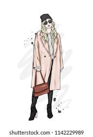 Beautiful, tall and slender girl in a stylish coat, trousers, glasses, and hat. Stylish woman in high-heeled shoes. Fashion & Style. Vector illustration.
