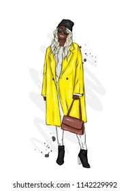 Beautiful, tall and slender girl in a stylish coat, trousers, and glasses. Stylish woman in high-heeled shoes. Fashion & Style. Vector illustration.
