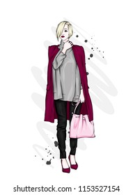 Beautiful, tall and slender girl in a stylish coat, trousers, and glasses. Stylish woman in high-heeled shoes. Fashion & Style. Vector illustration.
