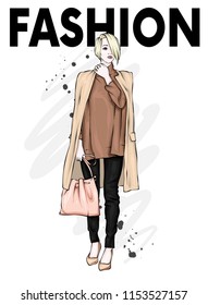 Beautiful, tall and slender girl in a stylish coat, trousers, and glasses. Stylish woman in high-heeled shoes. Fashion & Style. Vector illustration.
