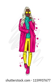 Beautiful, tall and slender girl in a stylish coat, trousers, and glasses. Stylish woman in high-heeled shoes. Fashion & Style. Vector illustration.
