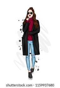 Beautiful, tall and slender girl in a stylish coat, trousers, and glasses. Stylish woman in high-heeled shoes. Fashion & Style. Vector illustration.
