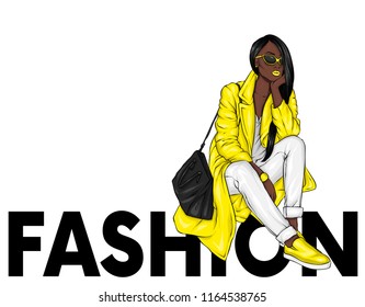 Beautiful, tall and slender girl in a stylish coat, trousers, and glasses. Stylish woman in high-heeled shoes. Fashion & Style. Vector illustration.