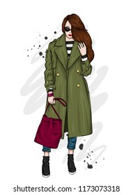 Beautiful, tall and slender girl in a stylish coat, trousers, and glasses. Stylish woman in high-heeled shoes. Fashion & Style. Vector illustration.
