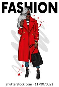 Beautiful, tall and slender girl in a stylish coat, trousers, and glasses. Stylish woman in high-heeled shoes. Fashion & Style. Vector illustration.
