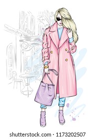 Beautiful, tall and slender girl in a stylish coat, trousers, and glasses. Stylish woman in high-heeled shoes. Fashion & Style. Vector illustration.
