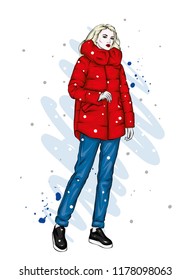 Beautiful, tall and slender girl in a stylish coat and trousers. Stylish woman in high-heeled shoes. Fashion & Style. Vector illustration.
