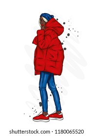 Beautiful, tall and slender girl in a stylish coat and trousers. Stylish woman in high-heeled shoes. Fashion & Style. Vector illustration.
