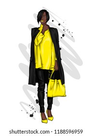 Beautiful, tall and slender girl in a stylish coat, trousers, and glasses. Stylish woman in high-heeled shoes. Fashion & Style. Vector illustration.
