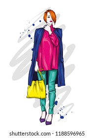 Beautiful, tall and slender girl in a stylish coat, trousers, and glasses. Stylish woman in high-heeled shoes. Fashion & Style. Vector illustration.