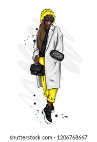 Beautiful, tall and slender girl in a stylish coat, trousers, and glasses. Stylish woman in high-heeled shoes. Fashion & Style. Vector illustration.